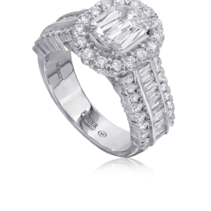Elegant Diamond Engagement Ring with Impressive Diamond Mounting Featuring Baguettes and Round Diamonds